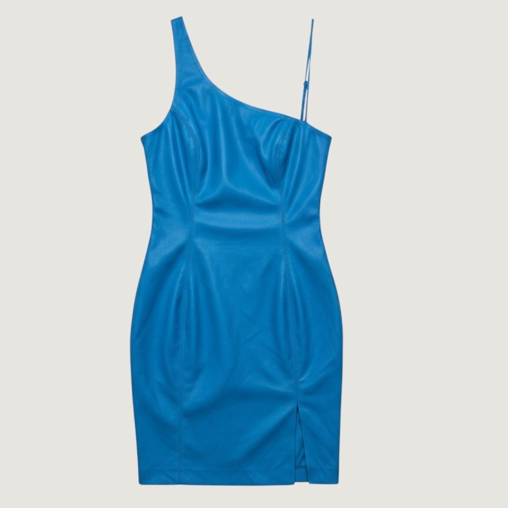 Susana Monaco Blue Faux Leather One Shoulder Mini‎ Dress XS Slit Bodycon